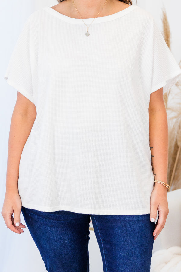 Chic Soul plus size clothing, short sleeve ivory ribbed top with high scoop-neckline