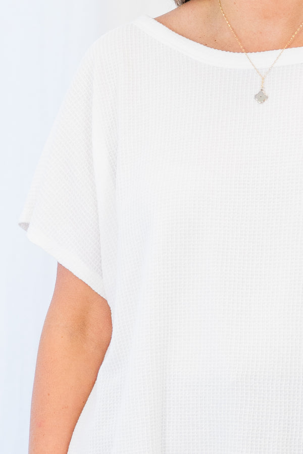 Chic Soul plus size clothing, short sleeve ivory ribbed top with high scoop-neckline