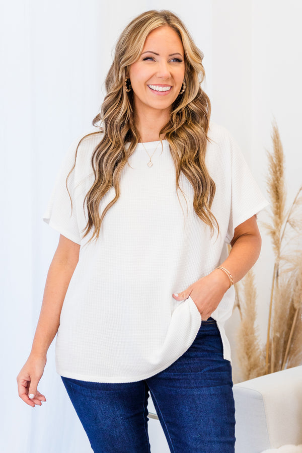 Chic Soul plus size clothing, short sleeve ivory ribbed top with high scoop-neckline