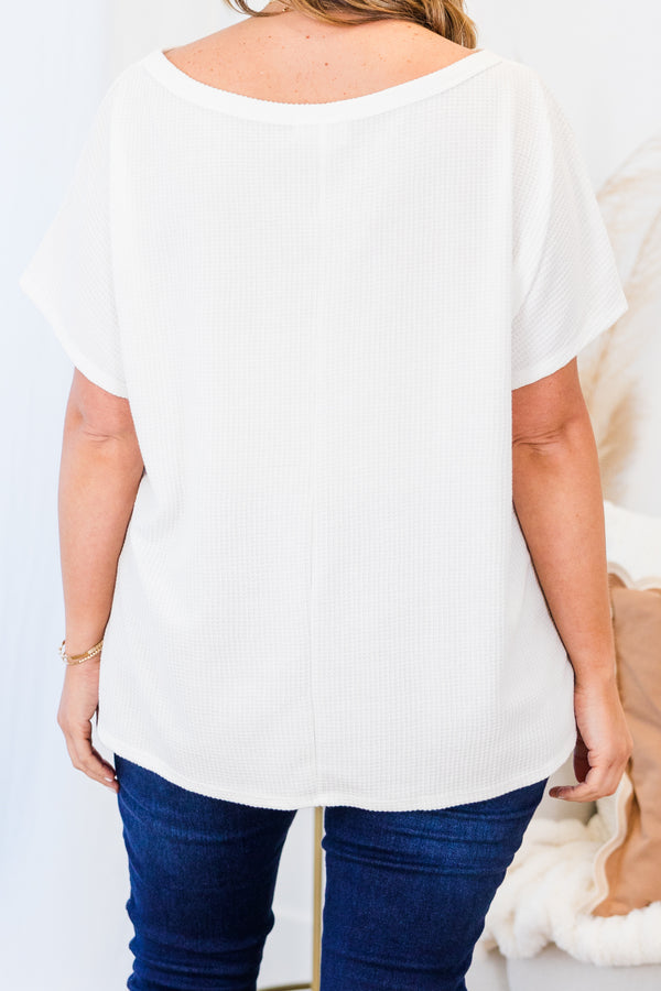Chic Soul plus size clothing, short sleeve ivory ribbed top with high scoop-neckline