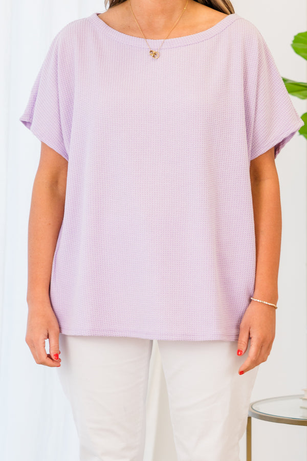 Plus Size lavender short-sleeve top in a textured waffle knit with a relaxed fit and boat neckline.