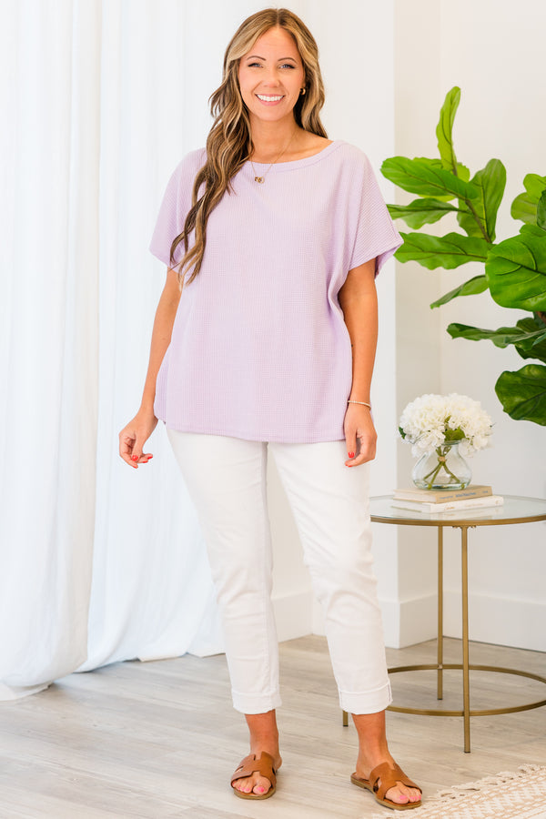 Plus Size lavender short-sleeve top in a textured waffle knit with a relaxed fit and boat neckline.