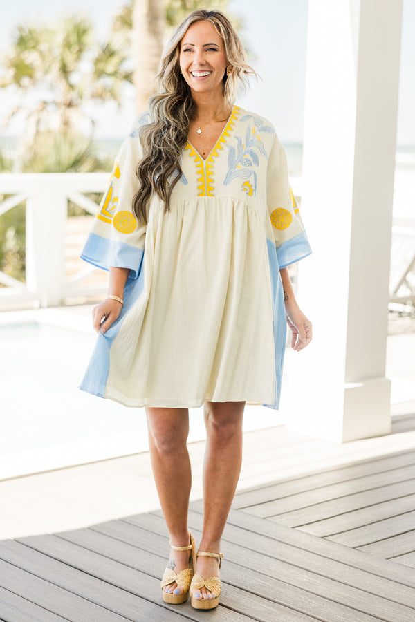 Chic Soul plus size clothing, white short sleeve mini sundress with v neckline with blue detail along bottom of sleeves with blue along the sides with yellow/blue embroidery along chest