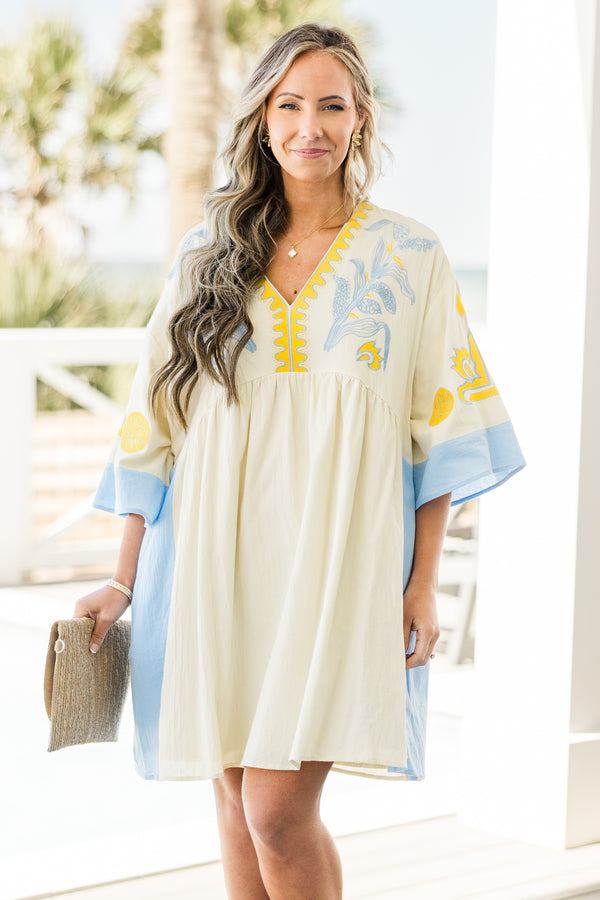 Chic Soul plus size clothing, white short sleeve mini sundress with v neckline with blue detail along bottom of sleeves with blue along the sides with yellow/blue embroidery along chest
