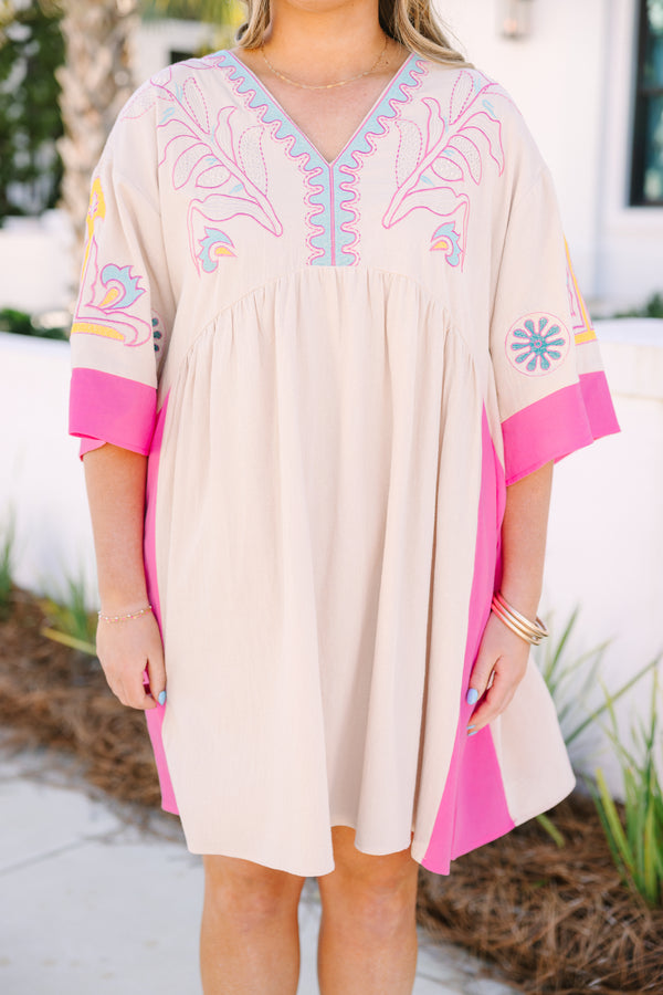 Chic Soul plus size clothing, white short sleeve mini sundress with v neckline with pink detail along bottom of sleeves with pink along the sides with yellow/blue embroidery along chest