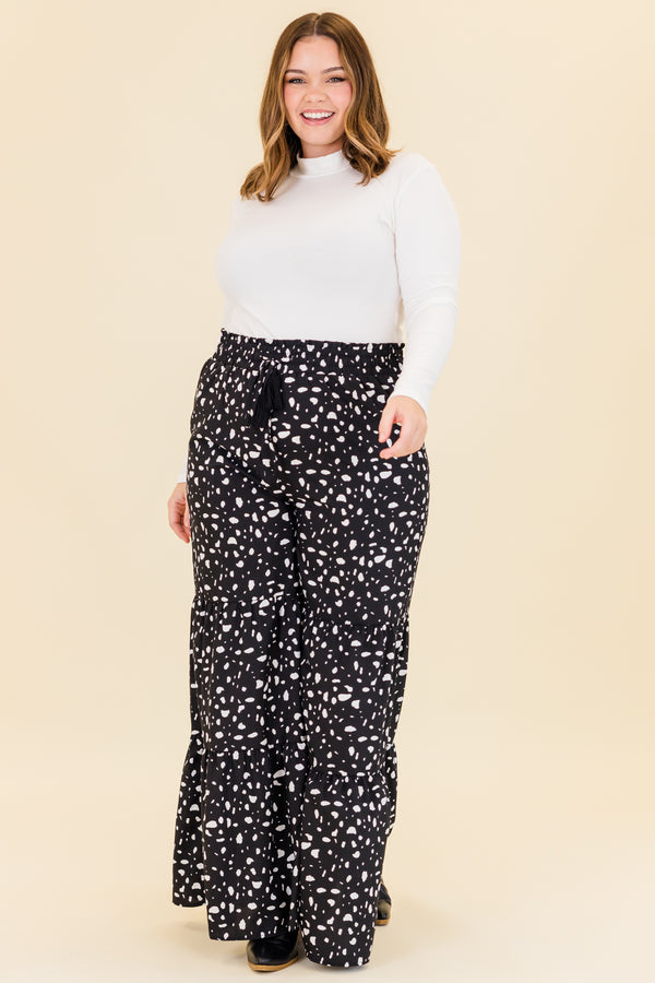 Chic Soul plus size clothing, black wide leg tiered pants with white dotted print with drawstring stretchy waist with pockets