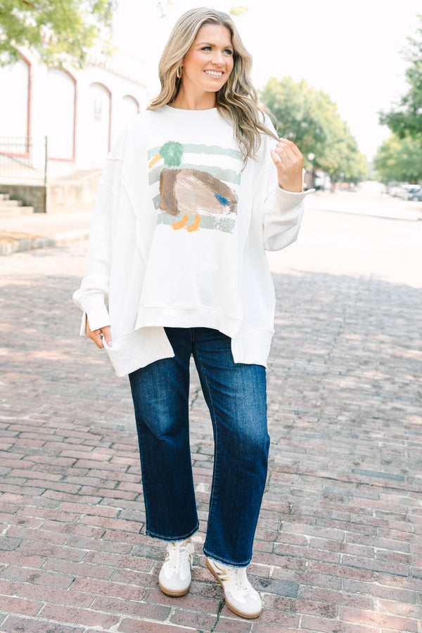 Plus Size ivory crewneck sweatshirt with a painted mallard duck graphic and ribbed cuffs.