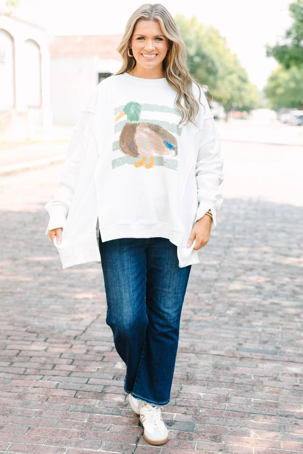 Plus Size ivory crewneck sweatshirt with a painted mallard duck graphic and ribbed cuffs.