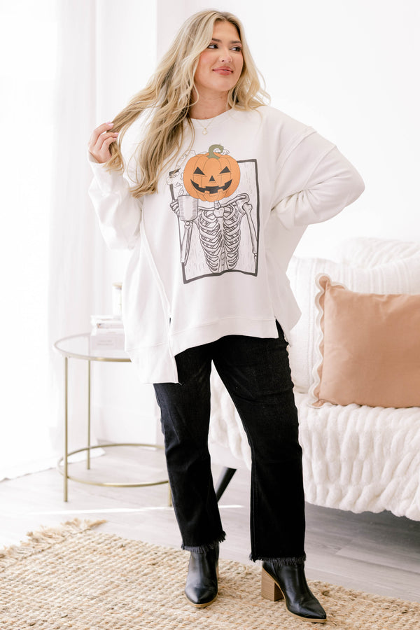Chic Soul Plus size clothing, ivory crew neck sweatshirt with pumpkin head on a skeleton holding a cup of coffee graphic on it 
