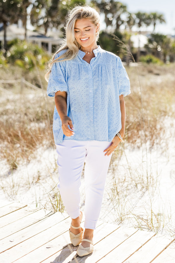 Chic Soul plus size clothing, short-puffed-sleeve baby blue eyelet collared button-down top 