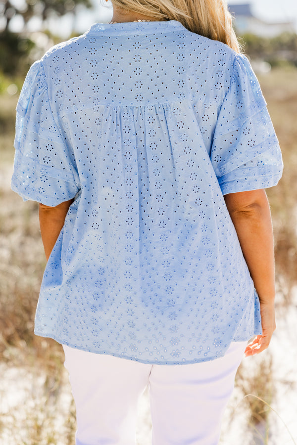 Chic Soul plus size clothing, short-puffed-sleeve baby blue eyelet collared button-down top 