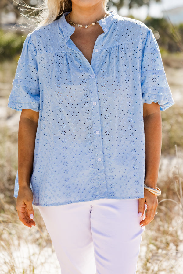 Chic Soul plus size clothing, short-puffed-sleeve baby blue eyelet collared button-down top 