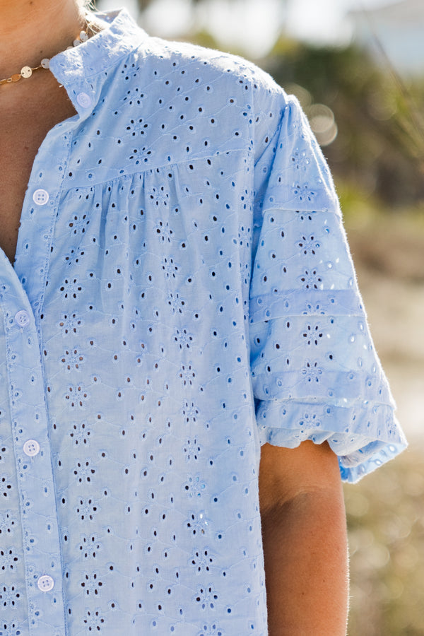 Chic Soul plus size clothing, short-puffed-sleeve baby blue eyelet collared button-down top 