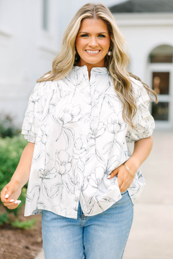 Plus Size cream cotton top with a black floral line-art print, puff sleeves, and a button-up front.
