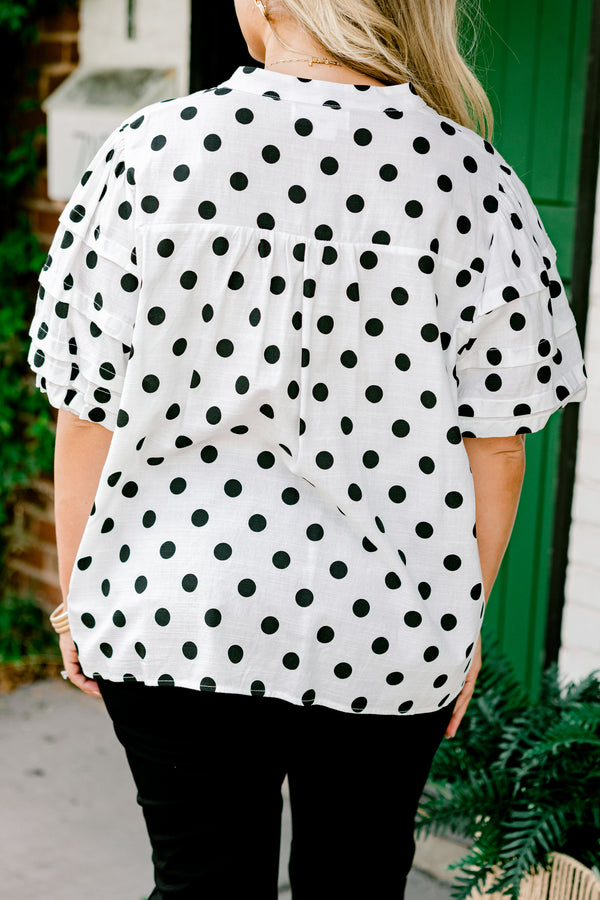 Chic Soul plus size clothing, white button-up short-bubble sleeve blouse with black polka dots