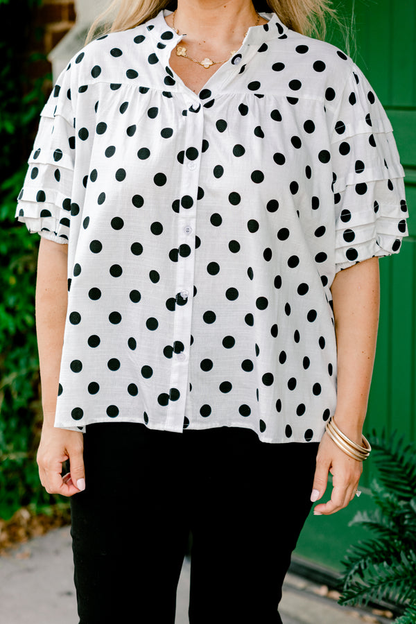 Chic Soul plus size clothing, white button-up short-bubble sleeve blouse with black polka dots