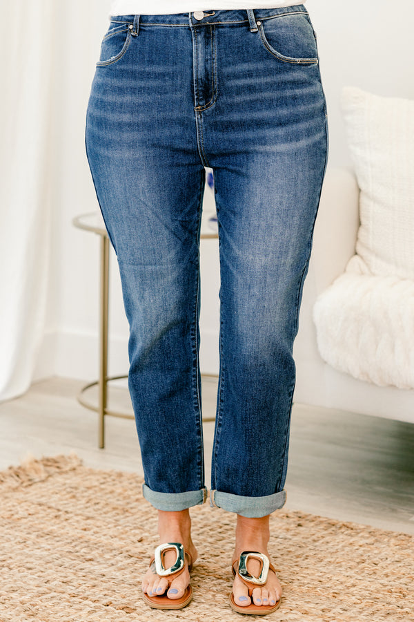 Chic Soul plus size clothing, dark wash denim jeans with no holes or distressing with side pockets with straight leg fit