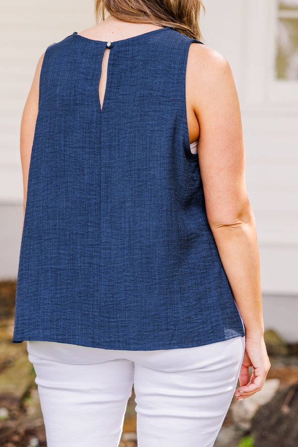 Chic Soul plus size clothing, sleeveless navy blue tank top with scoop-neckline