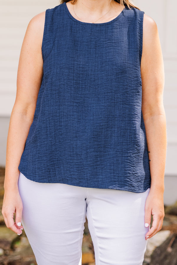 Chic Soul plus size clothing, sleeveless navy blue tank top with scoop-neckline