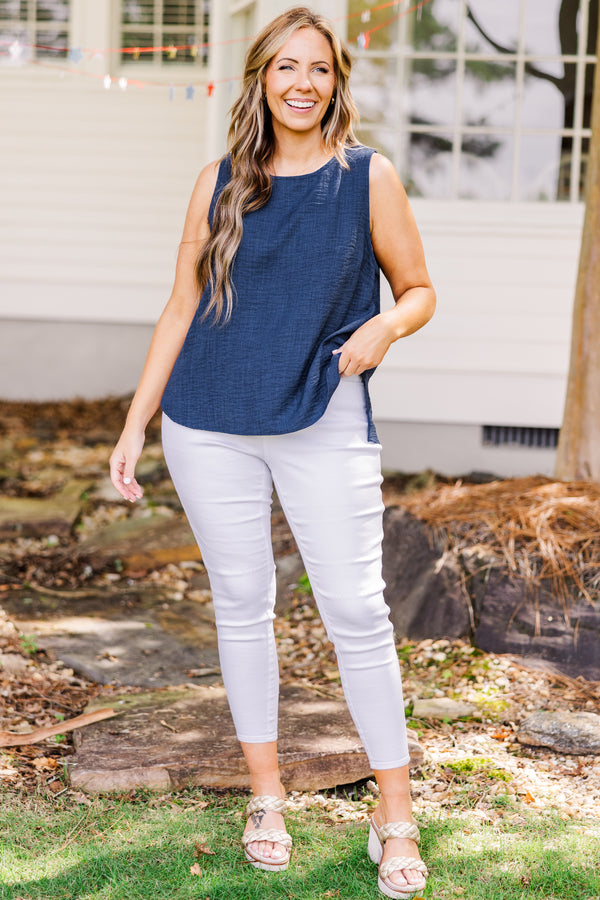 Chic Soul plus size clothing, sleeveless navy blue tank top with scoop-neckline