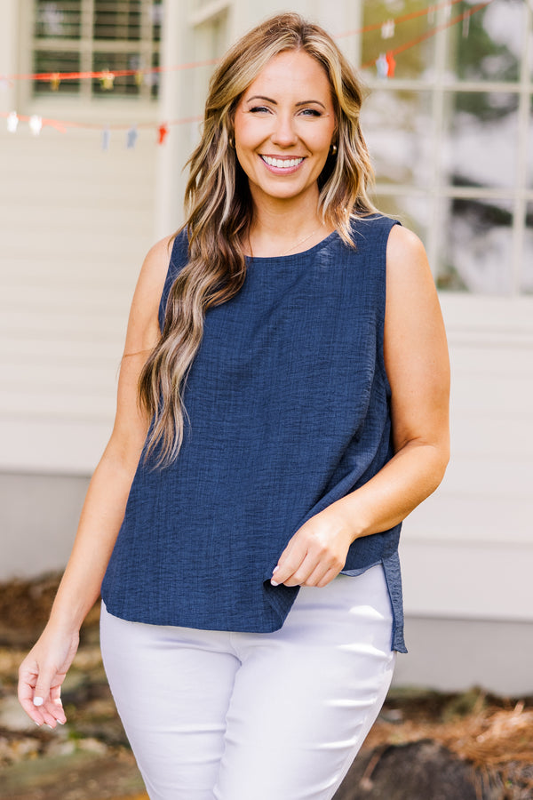 Chic Soul plus size clothing, sleeveless navy blue tank top with scoop-neckline