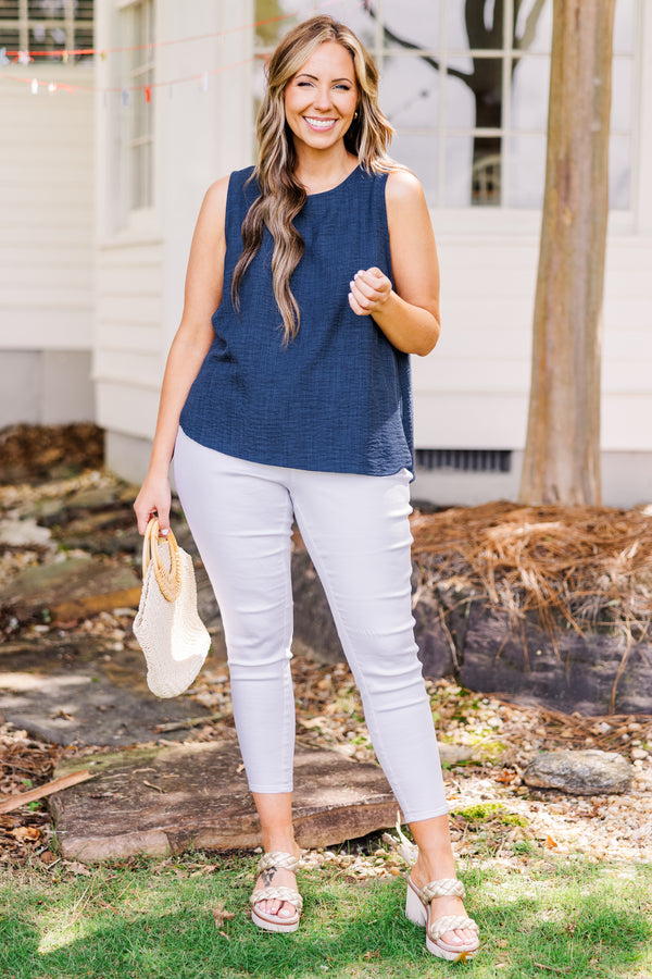 Chic Soul plus size clothing, sleeveless navy blue tank top with scoop-neckline