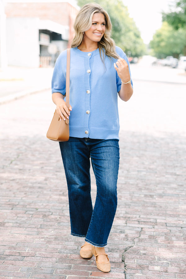 Plus Size short sleeve blue knit cardigan with functional buttons and a relaxed fit.