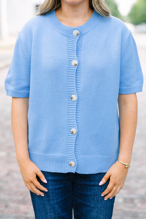 Plus Size short sleeve blue knit cardigan with functional buttons and a relaxed fit.