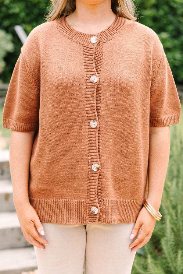 Plus Size short sleeve brown knit cardigan with functional buttons and a relaxed fit.