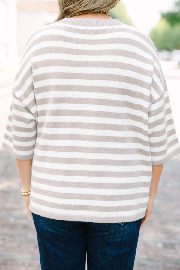 Plus Size taupe and cream horizontal striped button-down cardigan with three-quarter sleeves.