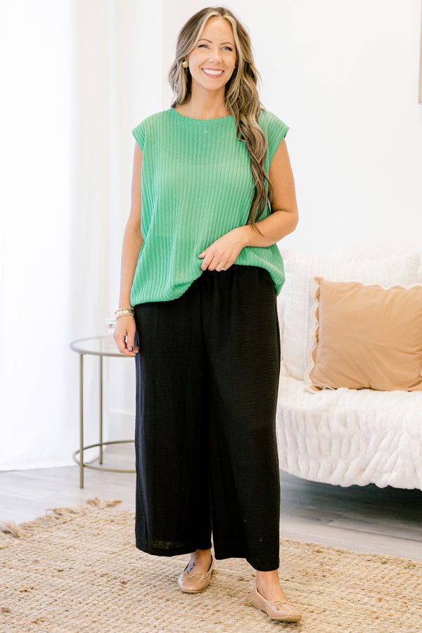 Chic Soul plus size clothing, black linen wide leg ankle length pants with drawstring waist detail