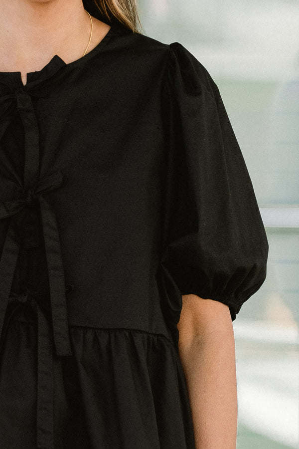Chic Soul plus size clothing, black short puff sleeve babydoll top with three bow detail on the front