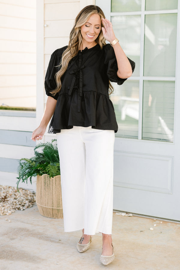 Chic Soul plus size clothing, black short puff sleeve babydoll top with three bow detail on the front