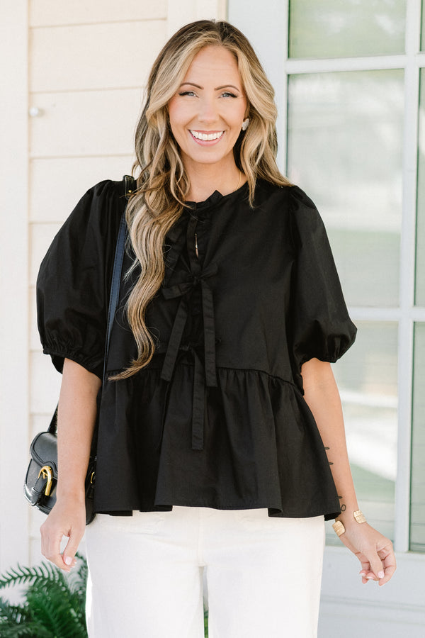 Chic Soul plus size clothing, black short puff sleeve babydoll top with three bow detail on the front