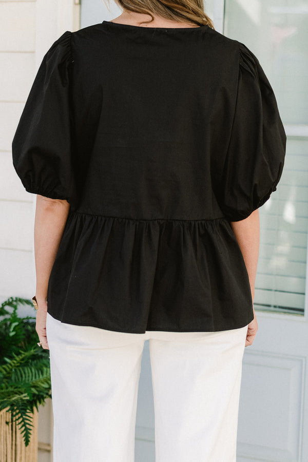 Chic Soul plus size clothing, black short puff sleeve babydoll top with three bow detail on the front