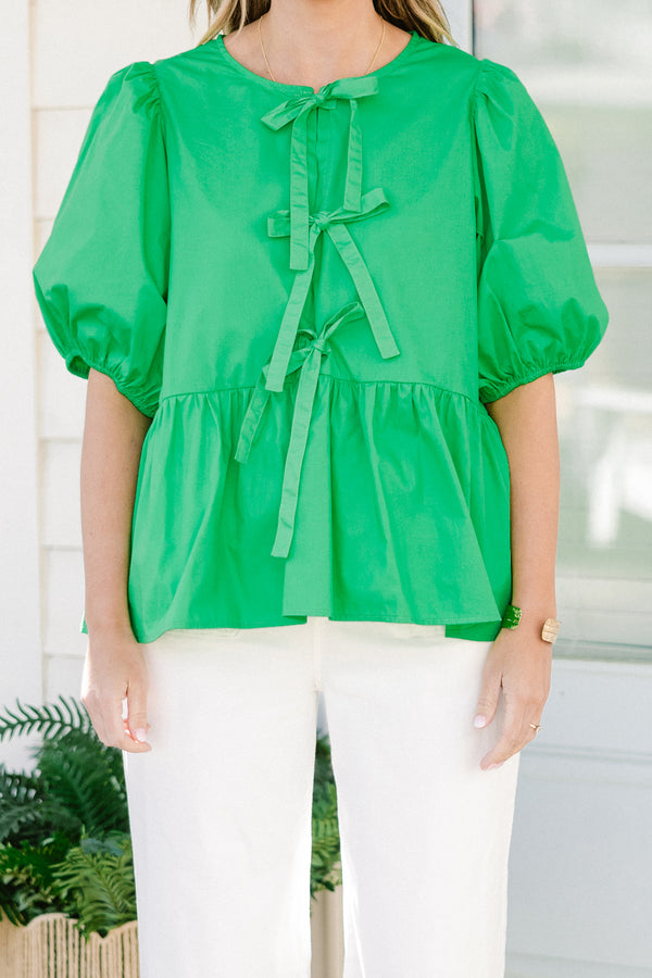 Chic Soul plus size clothing, green short puff sleeve babydoll top with three bow detail on the front