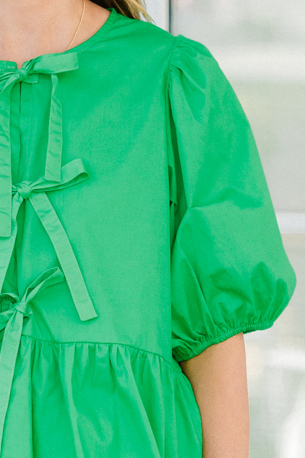 Chic Soul plus size clothing, green short puff sleeve babydoll top with three bow detail on the front