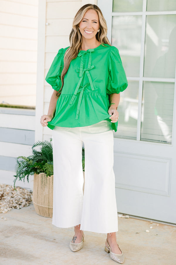 Chic Soul plus size clothing, green short puff sleeve babydoll top with three bow detail on the front