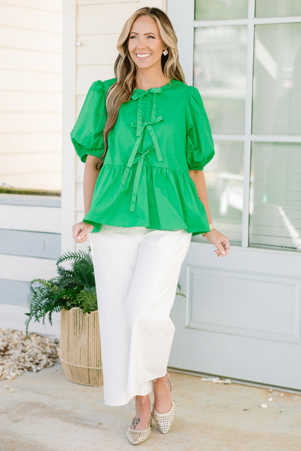 Chic Soul plus size clothing, green short puff sleeve babydoll top with three bow detail on the front