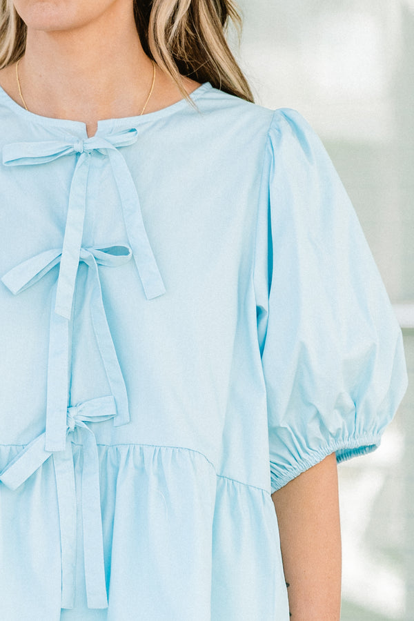 Chic Soul plus size clothing, light blue short puff sleeve babydoll top with three bow ties down the front