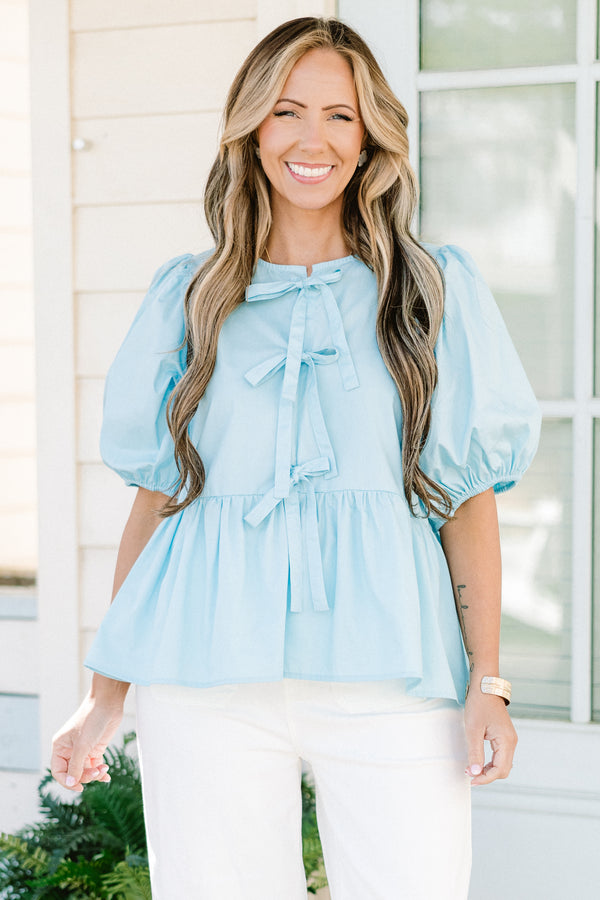 Chic Soul plus size clothing, light blue short puff sleeve babydoll top with three bow ties down the front
