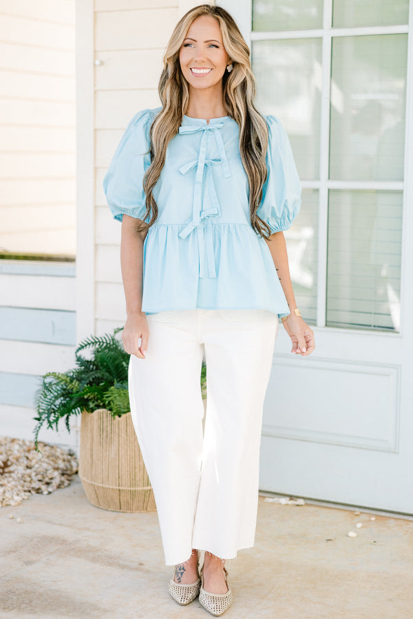 Chic Soul plus size clothing, light blue short puff sleeve babydoll top with three bow ties down the front