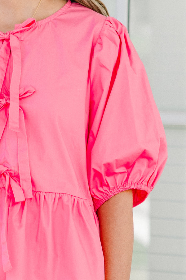 Chic Soul plus size clothing, pink short puff sleeve babydoll top with three bow detail on the front