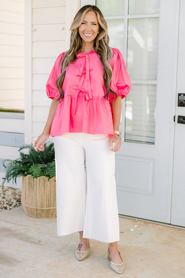 Chic Soul plus size clothing, pink short puff sleeve babydoll top with three bow detail on the front