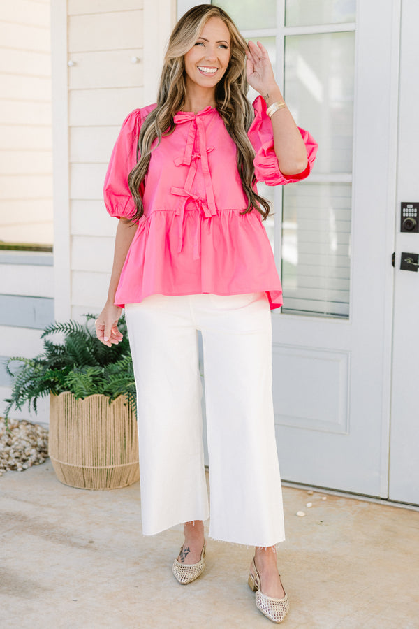 Chic Soul plus size clothing, pink short puff sleeve babydoll top with three bow detail on the front