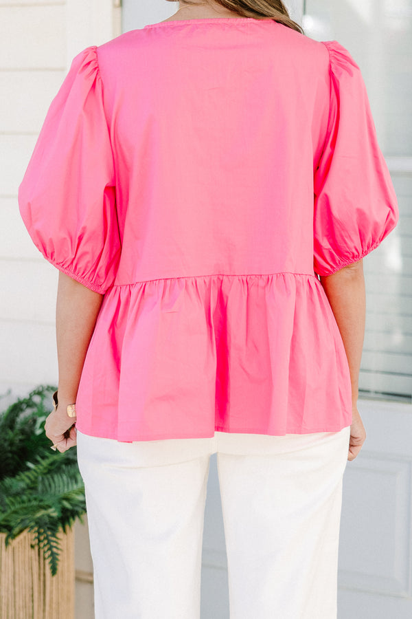 Chic Soul plus size clothing, pink short puff sleeve babydoll top with three bow detail on the front
