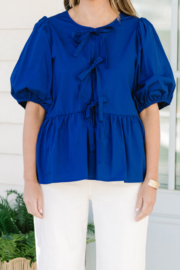Chic Soul plus size clothing, royal blue three bow tie babydoll top with puff sleeves