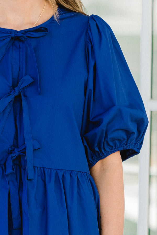 Chic Soul plus size clothing, royal blue three bow tie babydoll top with puff sleeves