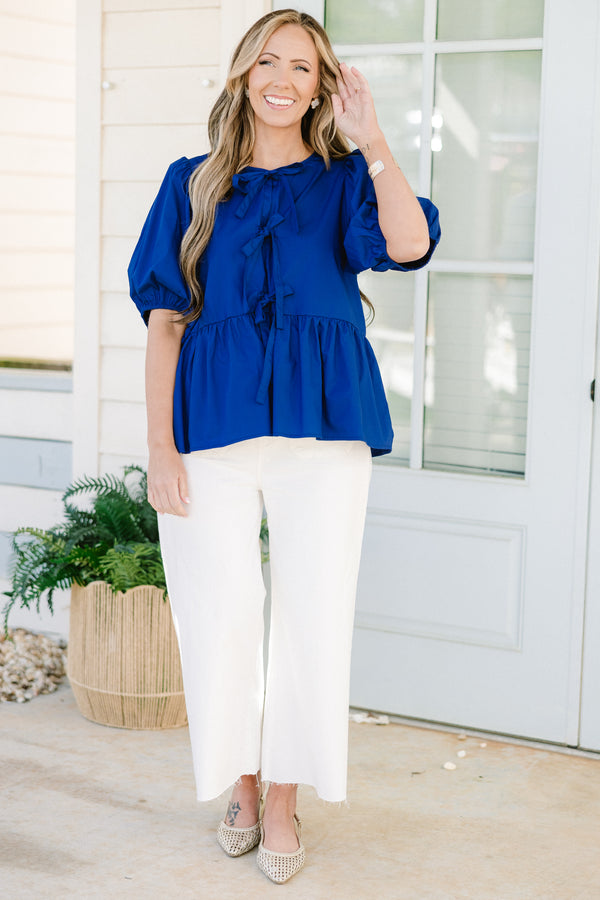 Chic Soul plus size clothing, royal blue three bow tie babydoll top with puff sleeves