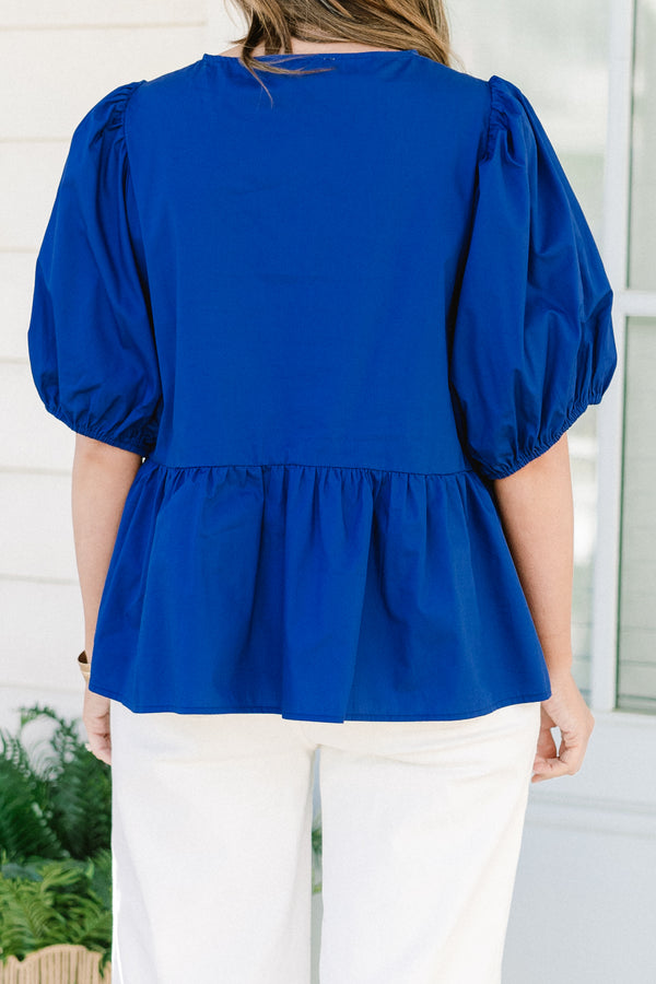 Chic Soul plus size clothing, royal blue three bow tie babydoll top with puff sleeves